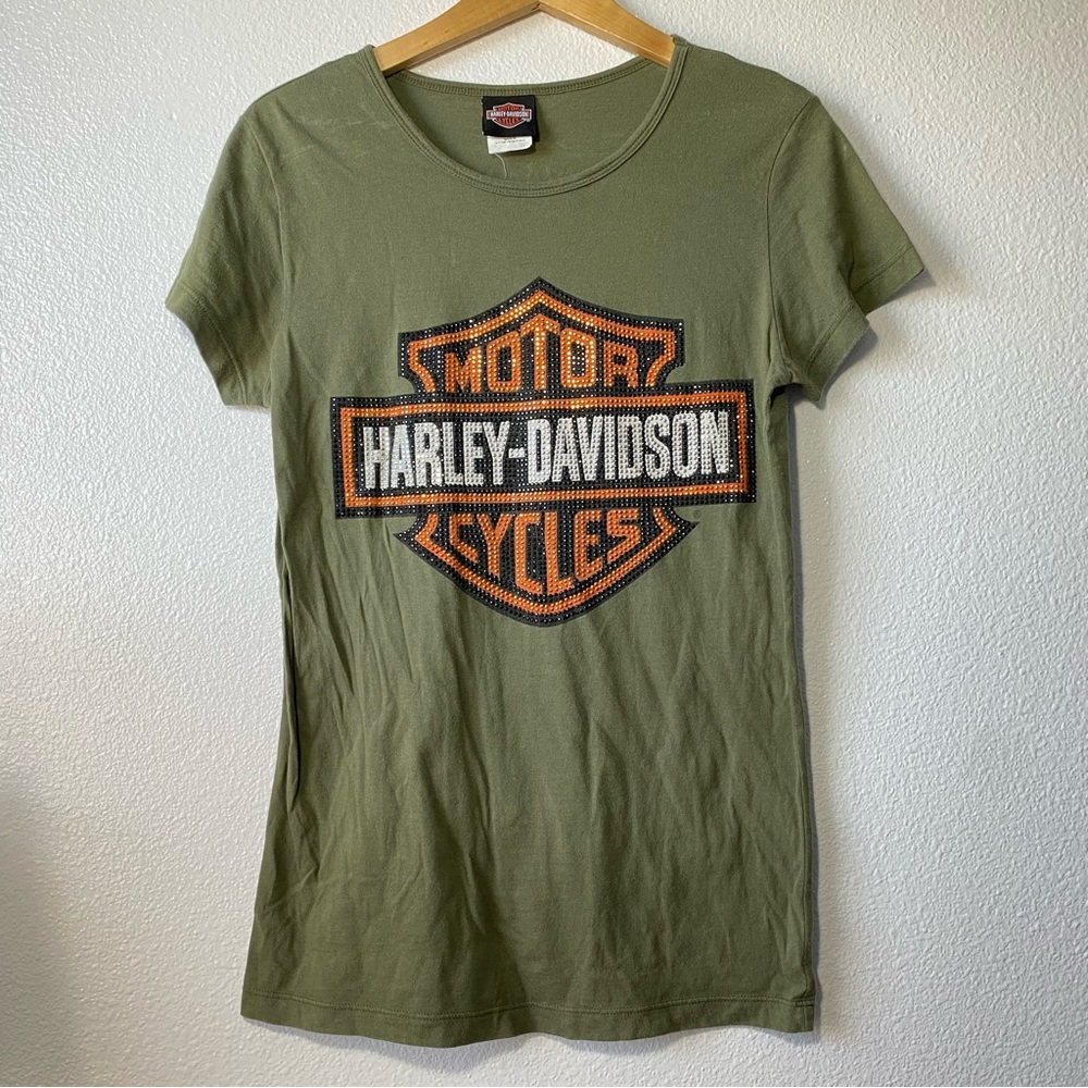 Harley Davidson Motorcycle Army Green Rhinestone Shirt Women's Medium ?